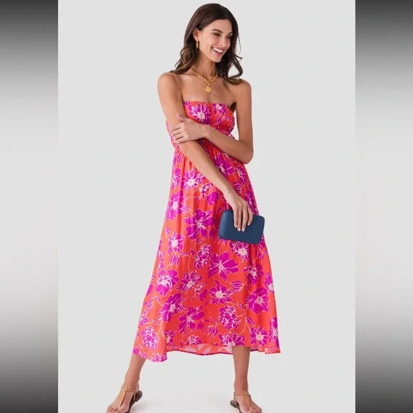 NWT By Together Maui Strapless Dress Orange Pink Floral Midi Small - Picture 2 of 7